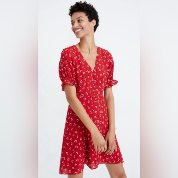 Madewell ‘Little Lillies’ Silk Ruffle-Sleeve Button-Front Dress - Picture 1 of 13